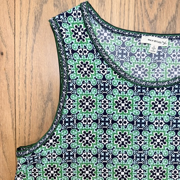 Max Studio Women’s Sleeveless Green and Blue Geometric Patterned Trapeze Dress L - Picture 4 of 13